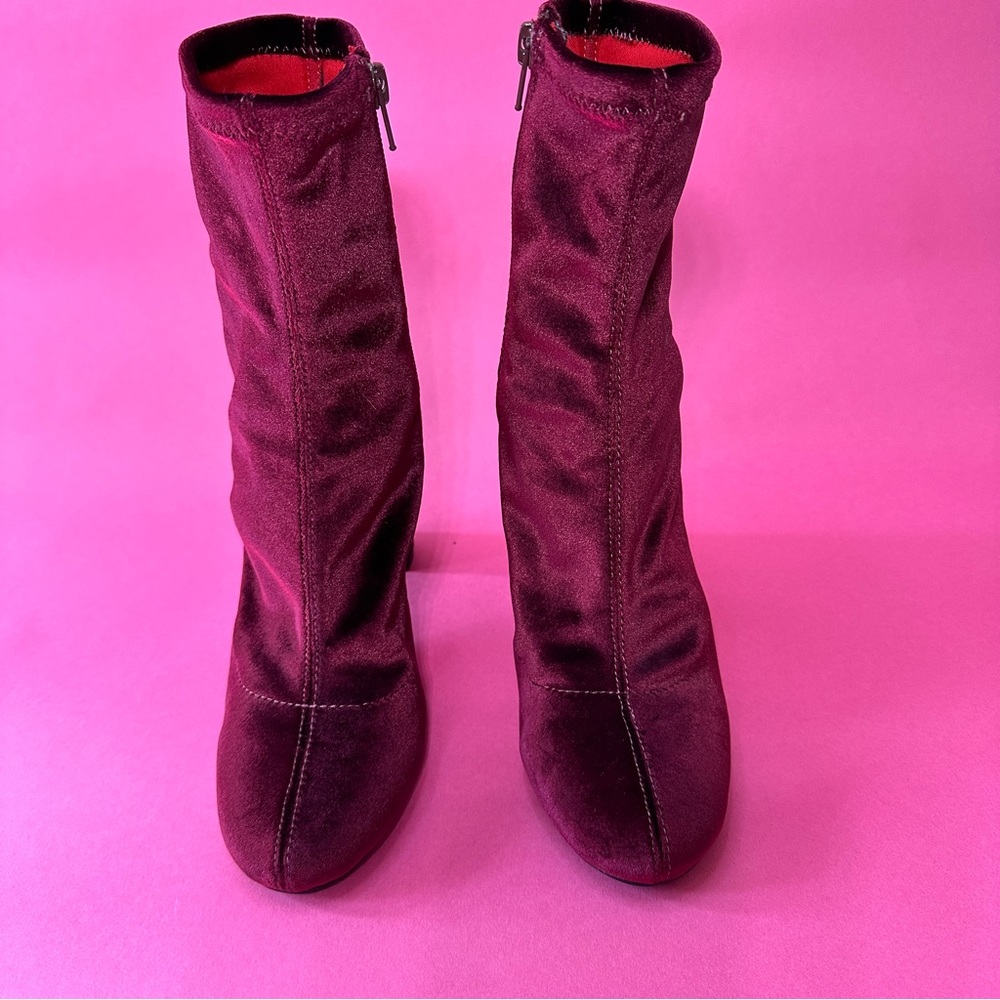 Velvet Block Heel Ankle Boots in Deep Burgundy - Picture 2 of 7